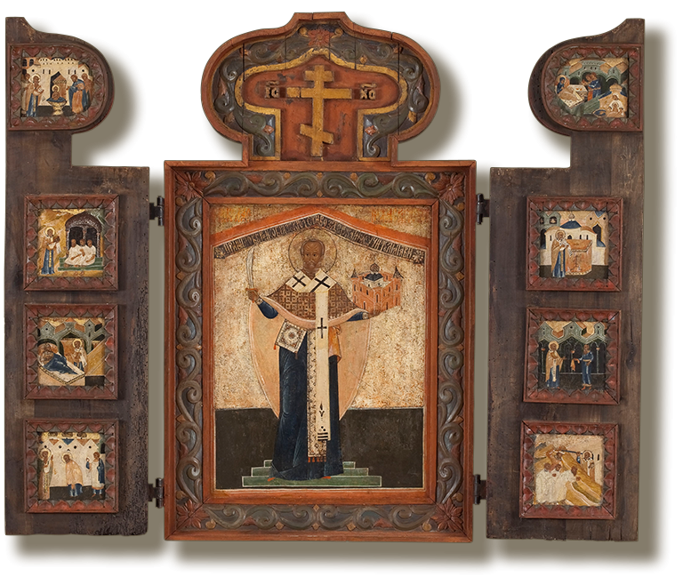 Святитель Николай Можайский, с житием в восьми клеймах на створах (складень-кузов со створами)