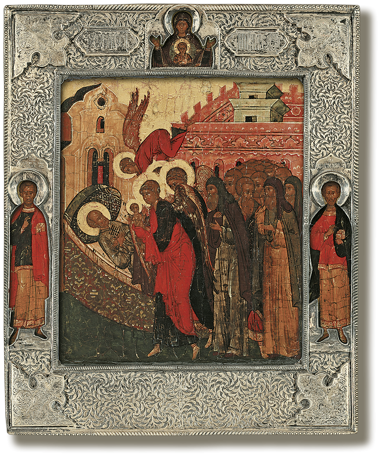 Успение святого Николая, с образом Богоматери Знамение и мучениками Косьмой и Дамианом на полях