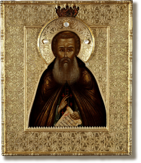 Преподобный Сергий Радонежский, с Троицей Ветхозаветной на поле