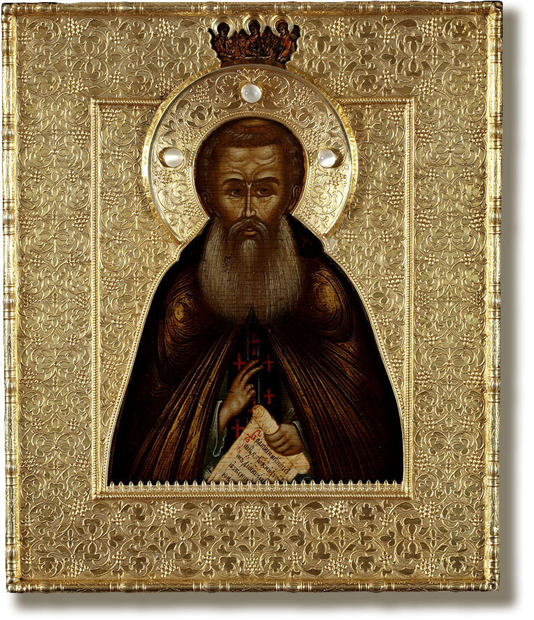Преподобный Сергий Радонежский, с Троицей Ветхозаветной на поле