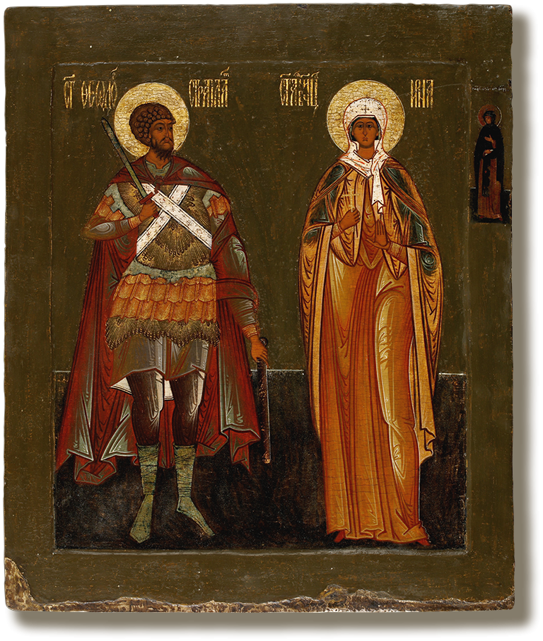 Святой Феодор Стратилат и мученица Ирина, с преподобной Феодосией на полях